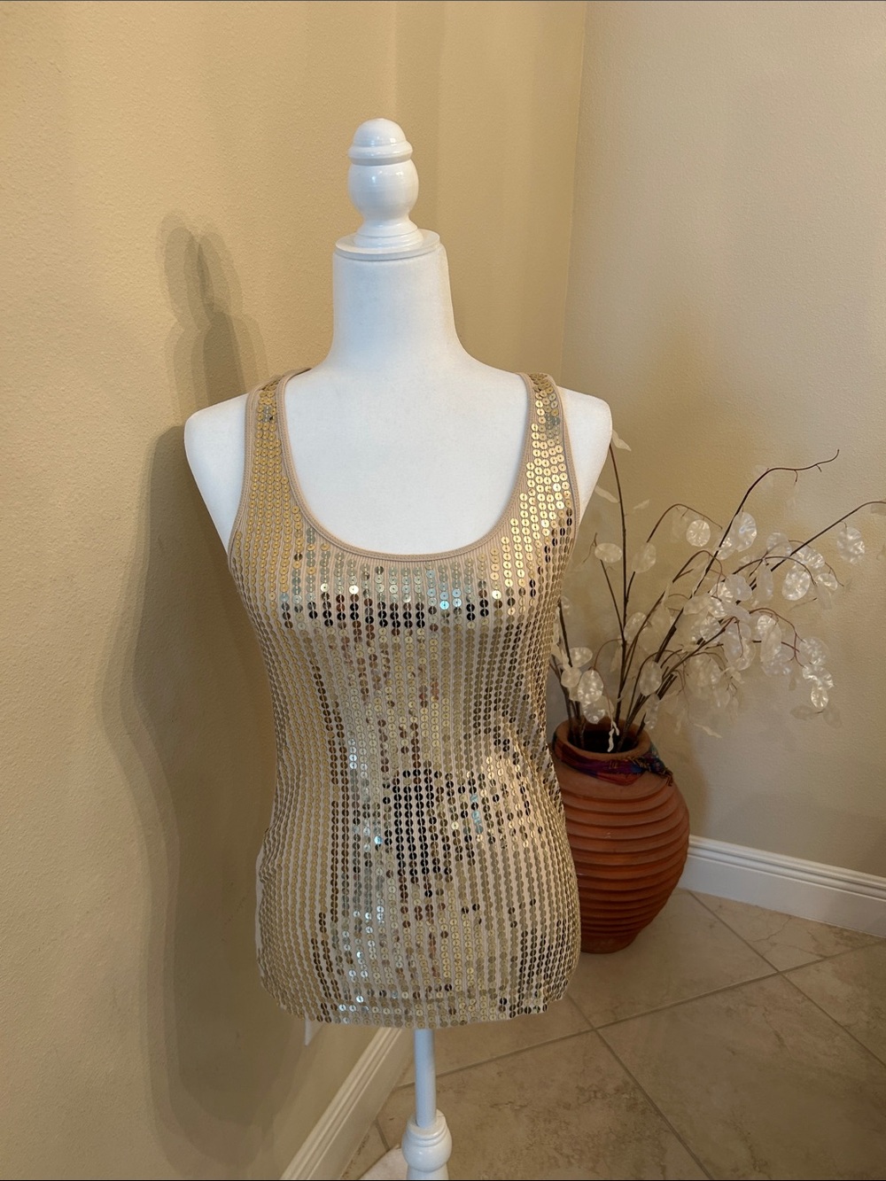 Express Gold Sequin Scoop Neck Tank